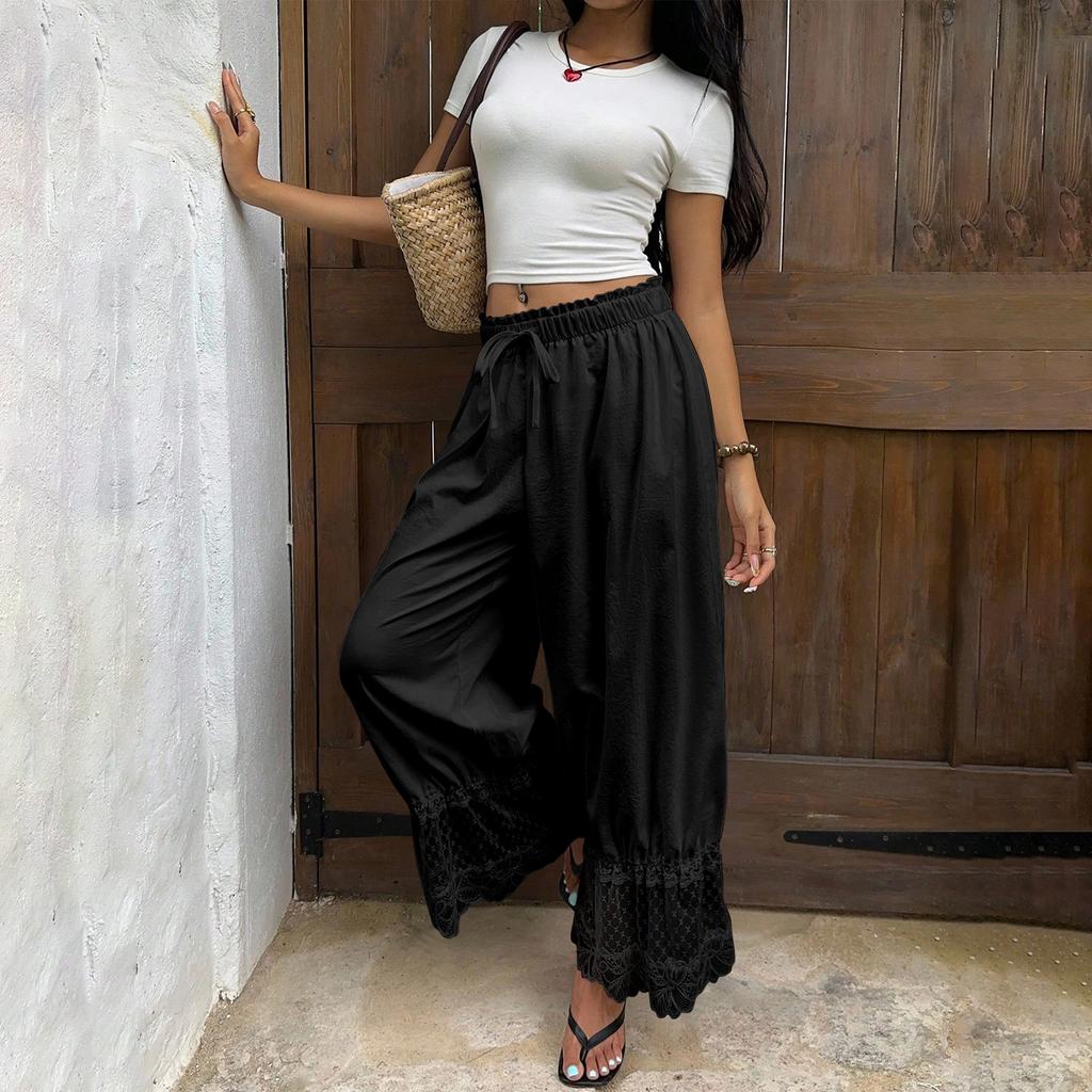 Damen Spitzenbesatz Rüschensaum Weites Bein Hoher Bund Lange Lockere Hose Vintage Stil Strand Reise Urlaubs Hose