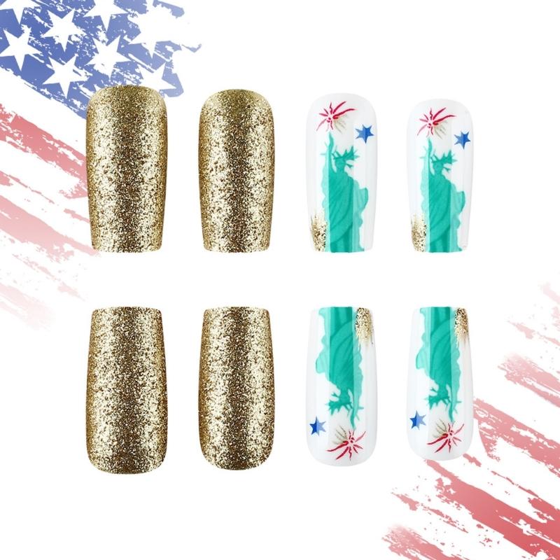 24 Pcs Independence Day False Nail Star Artificial Nail 4th of July Full Cover Stick on Nail Long Square Press On Nail