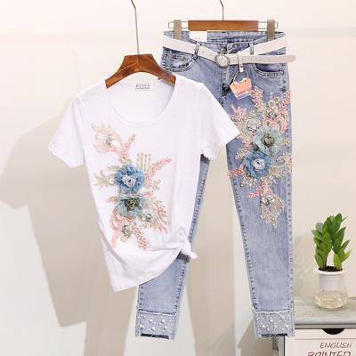 Yaz denim pantolon Iki Parçalı Set Kadın Ağır Iş Nakış 3D Çiçek Tişörtleri + Inci Kot 2 Parça Rahat Uzun Pantolon Takım Elbise