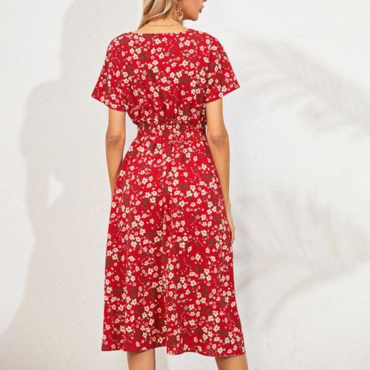 Summer Vacation Floral Print V Neck Loose Dress for Ladies