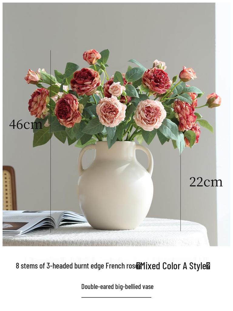 Vintage Burned Edge Rose Artificial Floral Arrangement for Living Room or Dining Table Decor