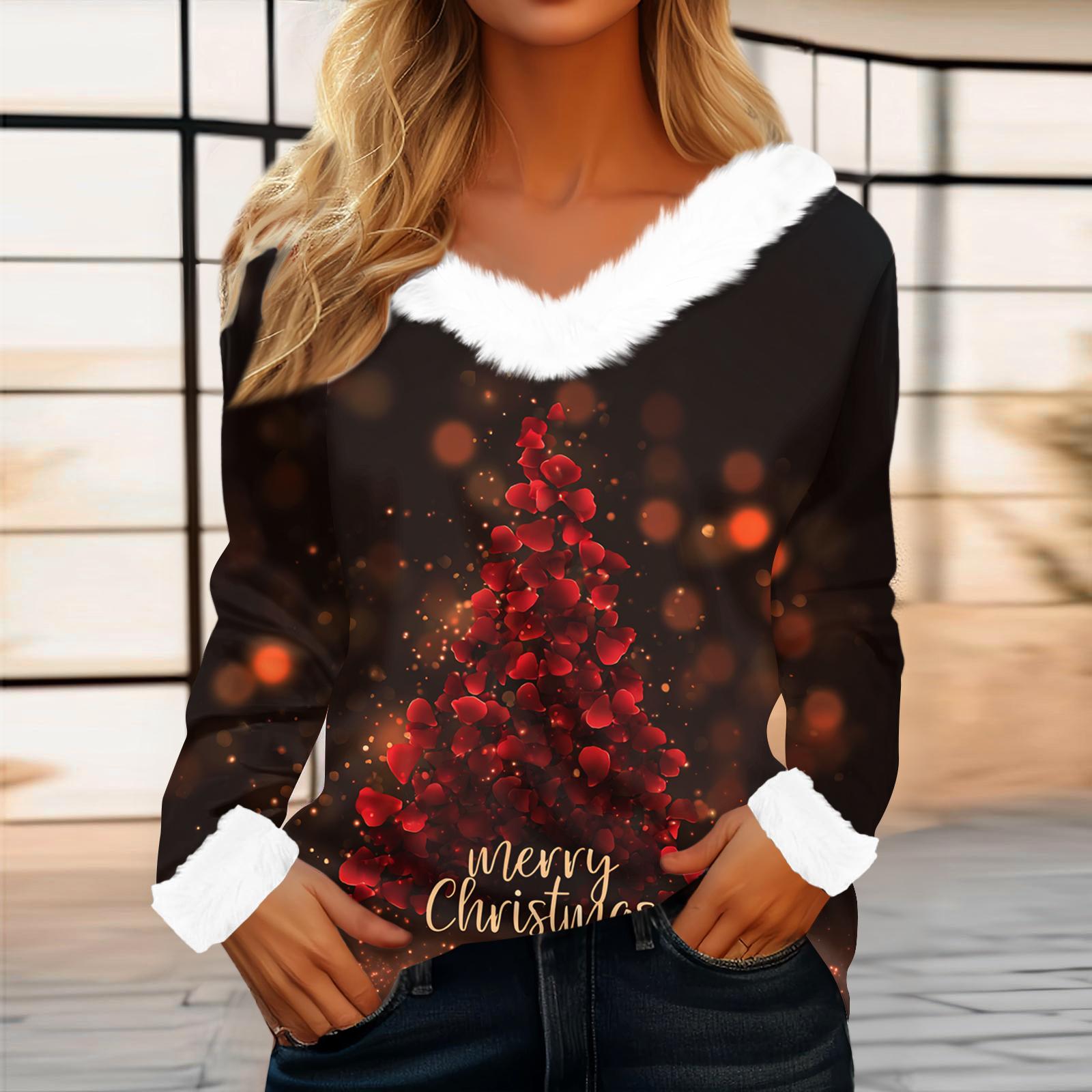 

Women s Casual Fashion Long Sleeve Christmas Printed Flannel Collar Top XL винный