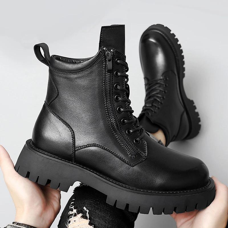 2025 Genuine Leather Mens Boots Luxury Brand Casual Boots New Thick Bottom Men Ankle Boots Italian Designer Punk Motorcycle Boot