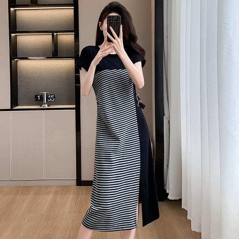 

Striped Patchwork Ruched Dress with Adjustable Waistline - Plus Size Slimming Mid-Length T-Shirt Dress L