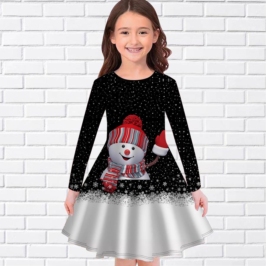 

Повседневное платье для девочек с рождественским принтом снеговика и круглым вырезом, с длинными рукавами, детское платье принцессы 150 чёрный