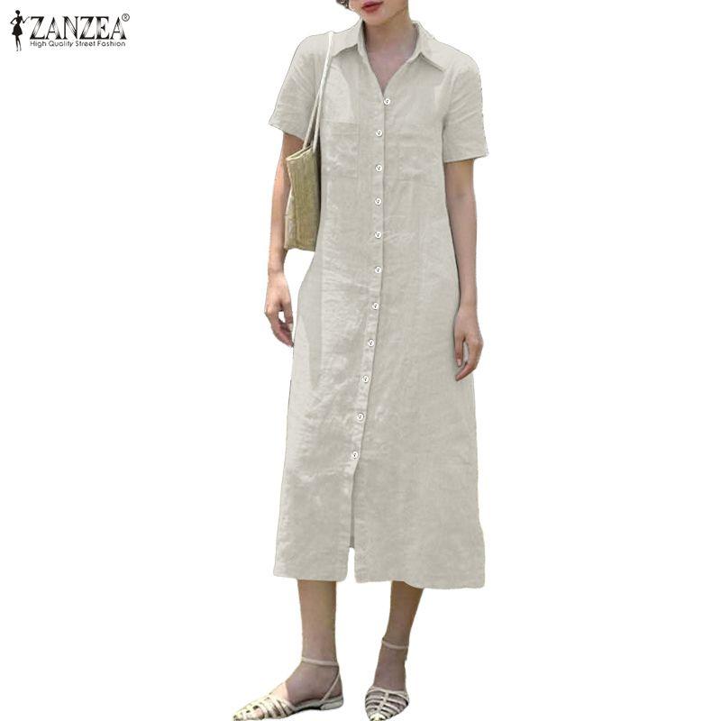 ZANZEA Women Casual Turn Down Collar Solid Color Short Sleeve Dress