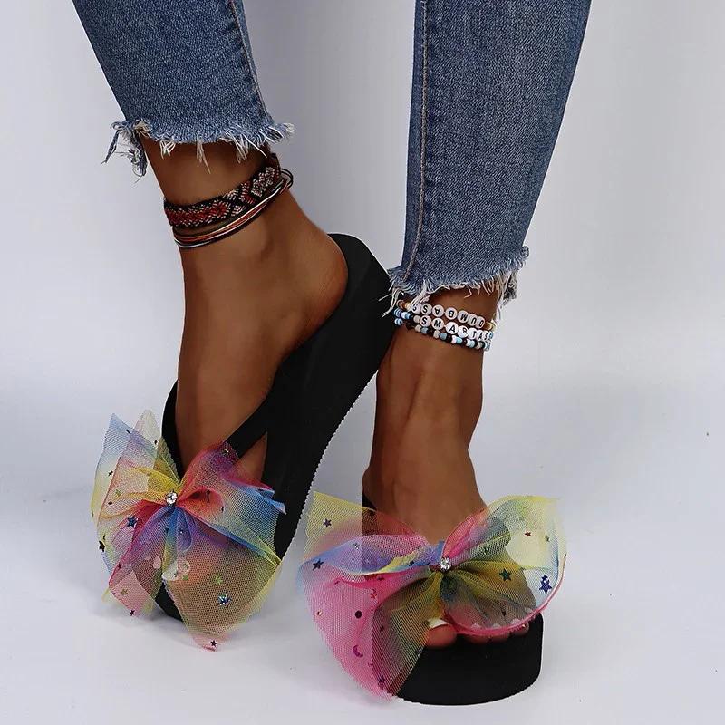 Fashion Summer Colorful Mesh Bowknot Flip Flops for Women Star Sequins Wedges Clip Toe Sandals Woman Lightweight Platform Beach Slippers
