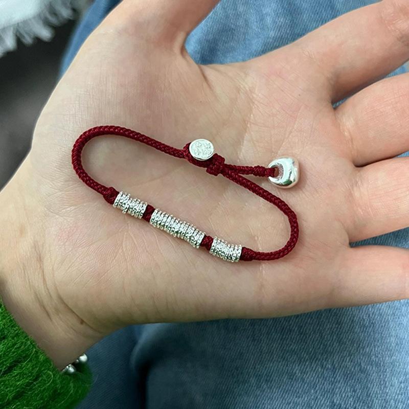 Red String Braided Bracelet with Silver Beads Heart Charm – Adjustable Handmade Lucky Protection Jewelry for Men Women, Boho Gift