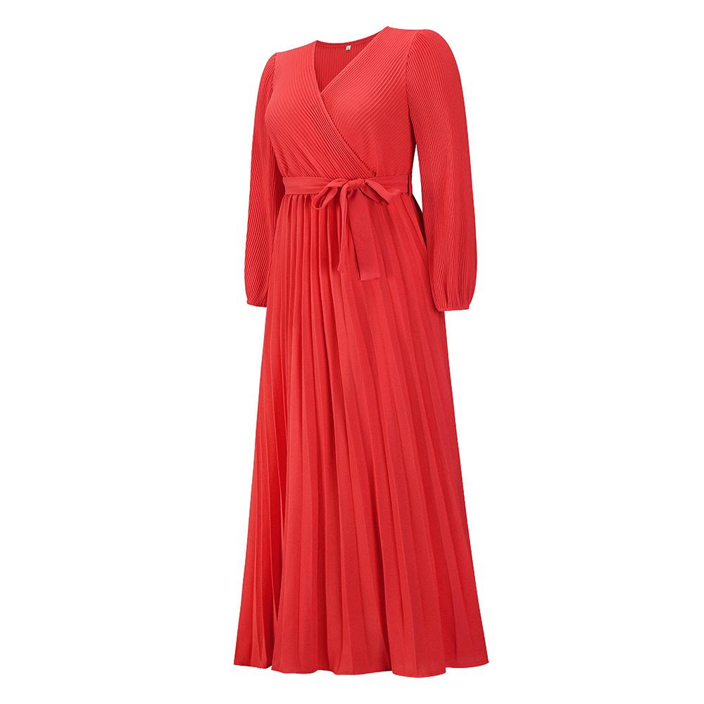 Women V Neck Long Sleeve Pleated A Line Solid Color Lace Up High Waist All Match Dresses S-XXL