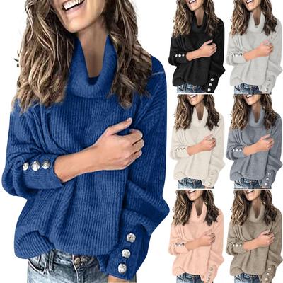 Rollkragenpullover für Damen, lockerer Pullover, Knopfleiste, langärmlig, einfarbig, Strick-Bottom-Shirt