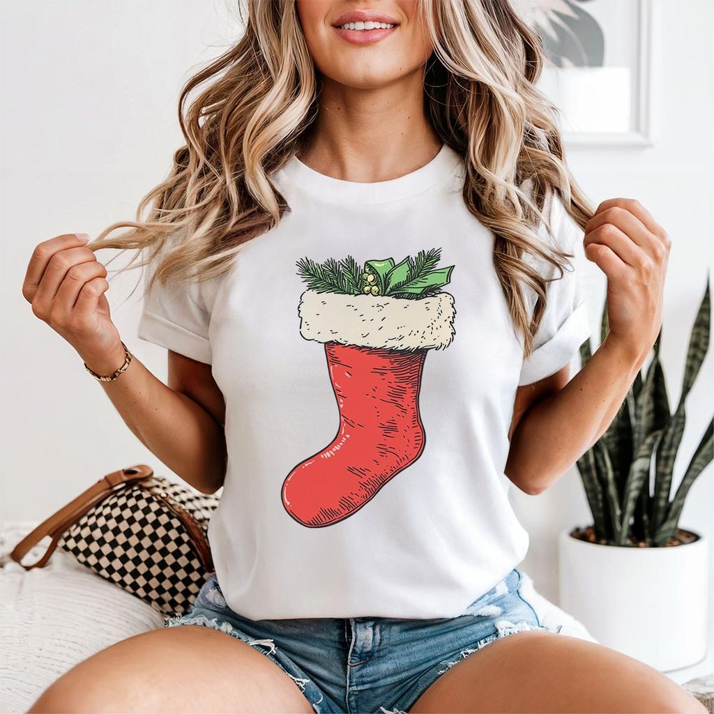 Christmas Stocking Vintage Holidays Womens 100% Cotton T-shirt Mens Tees Top Festive Decor Tee