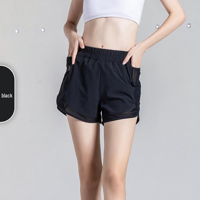 

Женские сетчатые лоскутные свободные шорты для бега с разрезом, защищающим от просвечивания, и карманами L чёрный