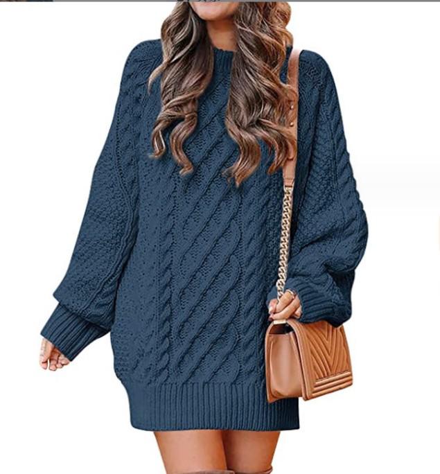 European & American Women's Oversized Cable Knit Sweater Dress - Round Neck, Long Sleeve, Mid-Length, Warm