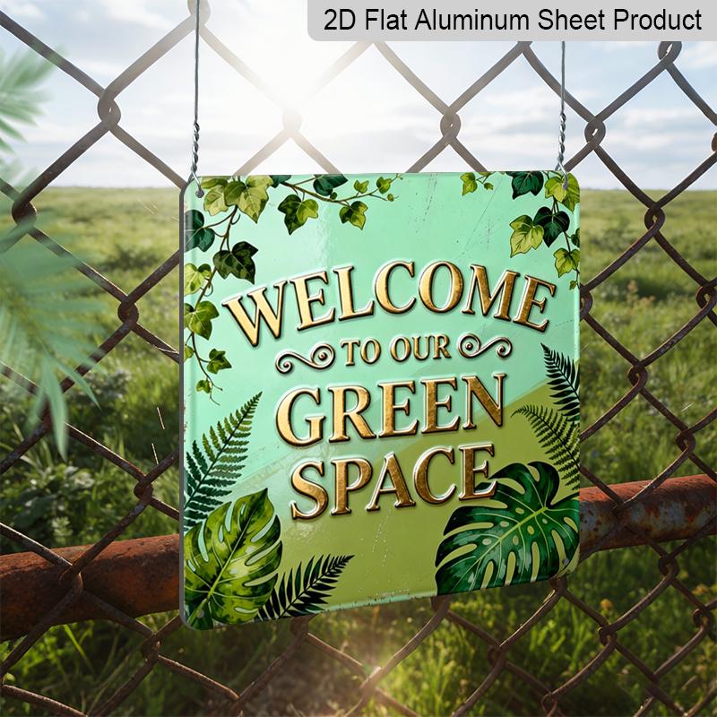 2D Flat, 1pc Vintage Botanical Metal Wall Sign - Welcome To Our Green Space - Rustic Garden Plaque with Foliage Design, Outdoor/ Decoration for