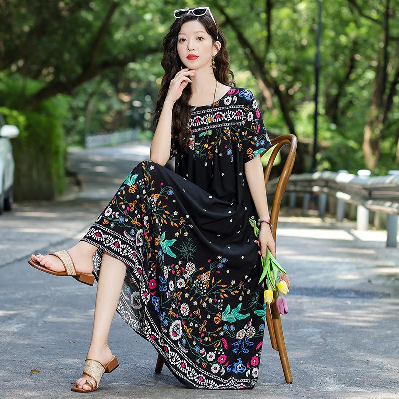 New Bohemian ethnic style short-sleeved summer cotton and silk dress loose fashion large size artificial cotton long skirt