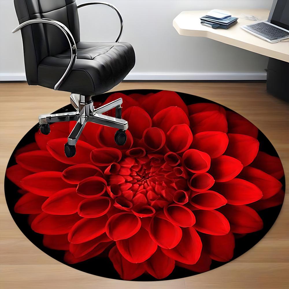 1pc Red Dahlia Flower Carpet, Round Non Slip Durable Large Size Office Carpet, Suitable for Office