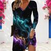 Women Plus Size V Neck Long Sleeve Tie Dye Printed A Line Dress