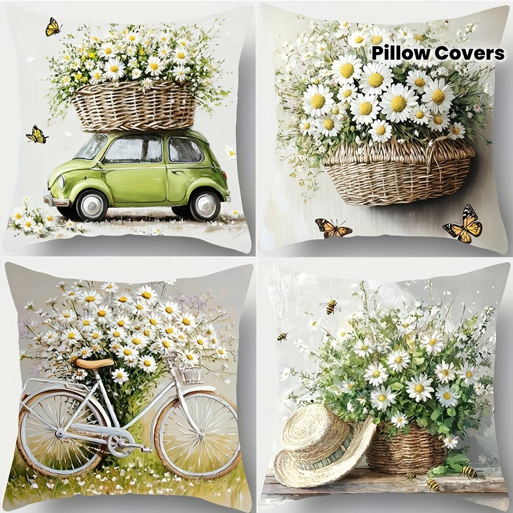4 Pack Spring Daisy Pillowcases 45x45cm Whimsical Country Chic Cushion Covers Car Bike Hat Floral for Living Room Gift
