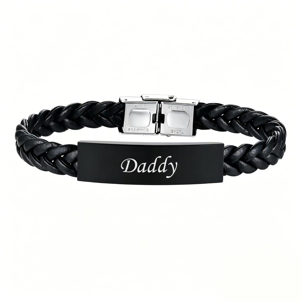 Vnox Black Braided Leather Bracelet for Men, Engraved Daddy Stainless Steel Bangle, Fathers Day Present Gifts from Daughter Son