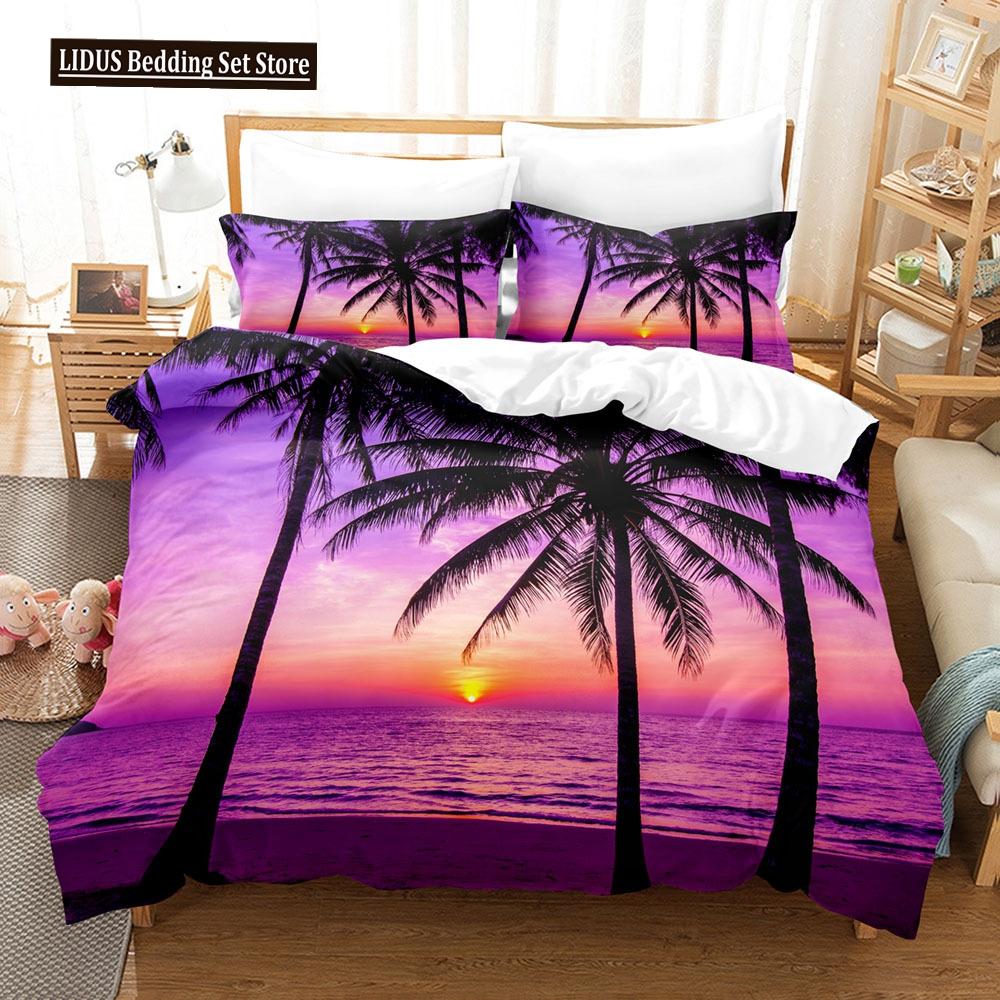 Zestaw Poszwy na Kołdrę Krajobrazowy Rozmiar King Full Letni Palmy Plaża Fale Morskie Motyw Oceaniczny Dla Dzieci Dziewczynka Chłopcy Poliestrowy Zestaw Pościeli
