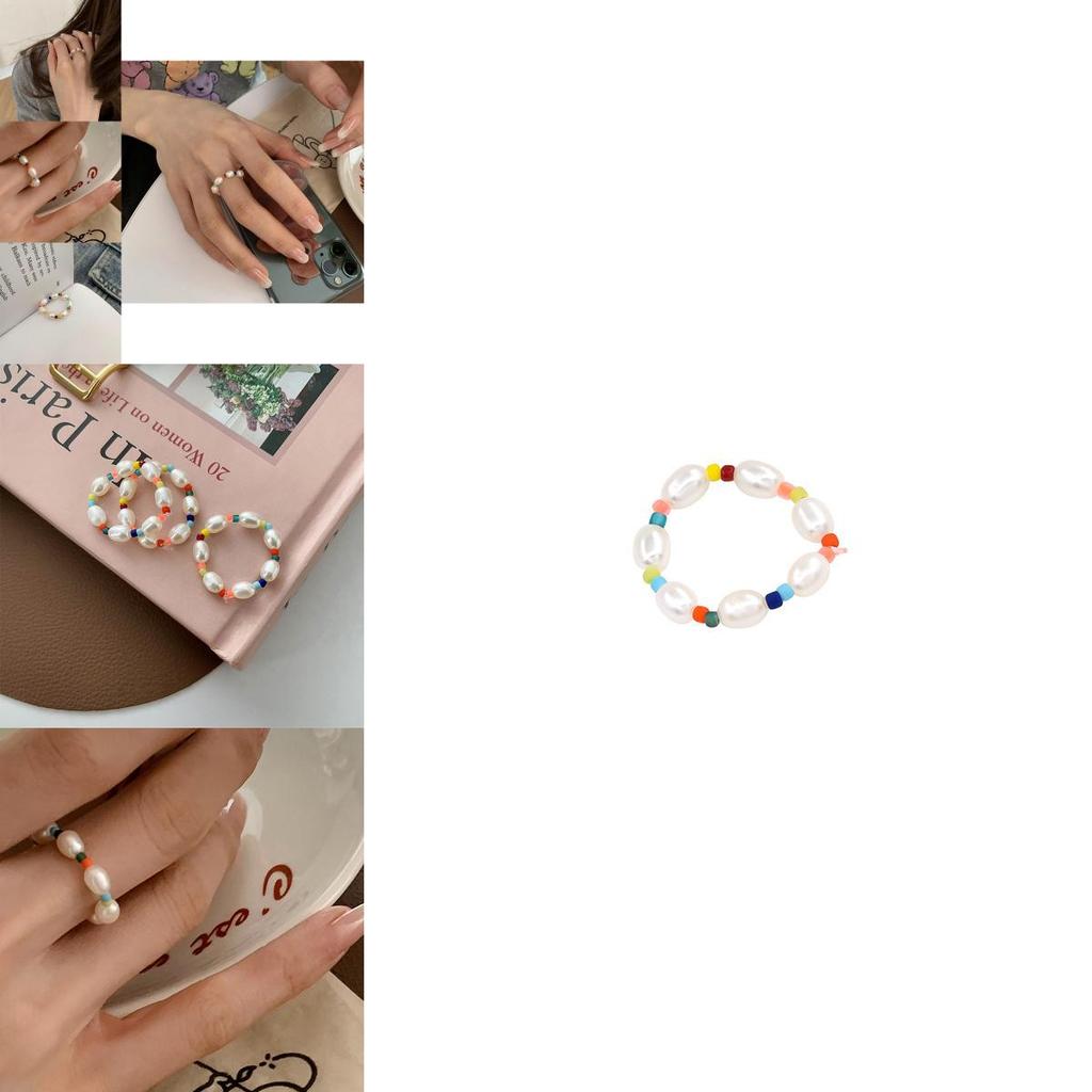 Stylish Korean Ddp Geometric Pearl Ring With Adjustable Elastic Band For Women