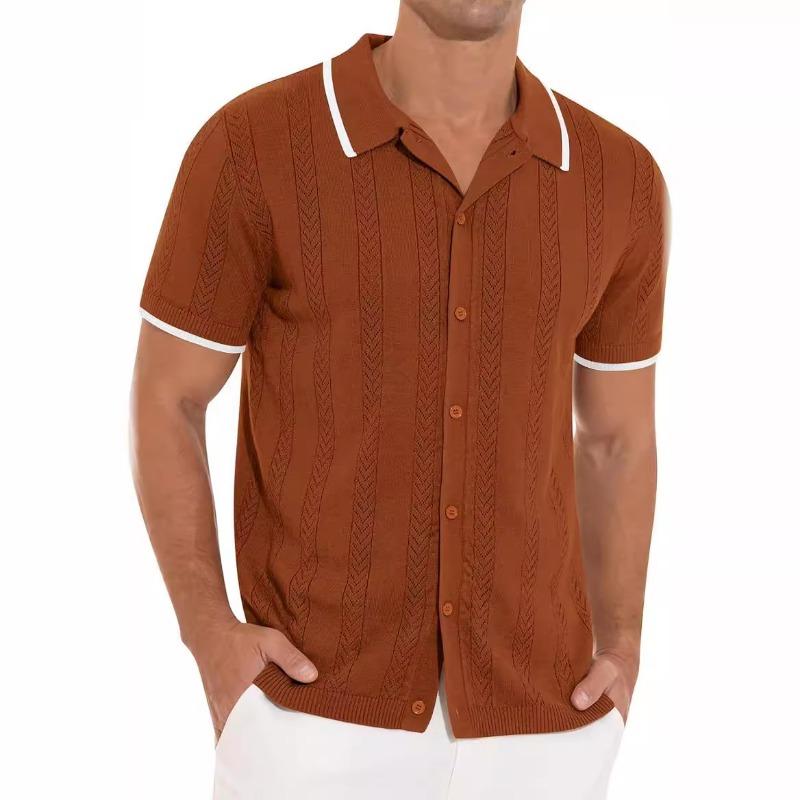 Mens Short Sleeve Knit Polo Shirt Color Block Contrast Collar Button Down Textured Casual Top For Summer