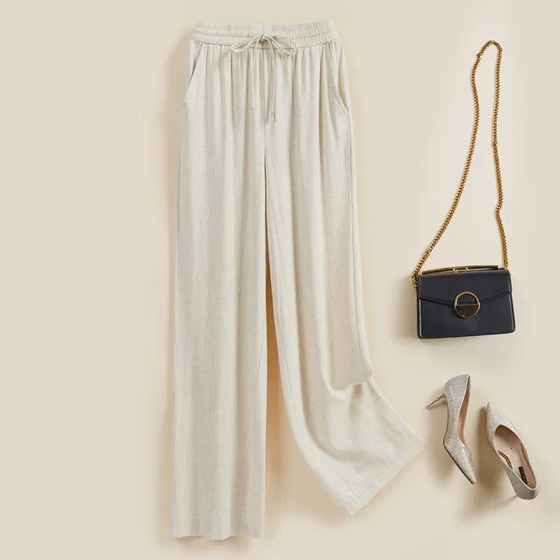 Dámské 2024 Kalhoty s vysokým pasem z lehké bavlny a lnu se širokými nohavicemi - Ležérní elastický pas, Volný střih, Všestranný design