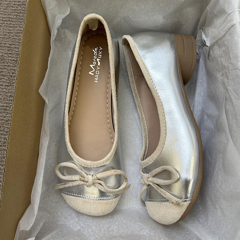 French Splicing Bow Shallow Mouth Gentle with Skirt Single Shoes 2025 New Spring and Autumn Beanie Shoes Fashion Shoes