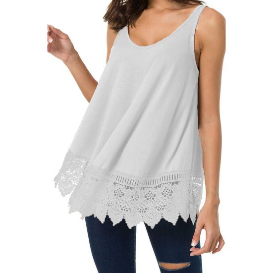 Women Vest Sleeveless Round Neck Lace Hem Solid Color Plus Size