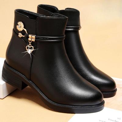 Soft Leather Women's Boots Winter Womens Snow Boots Rhinestone Ankle Boots Thick Heels Women Cotton Shoes Non-slip Botas
