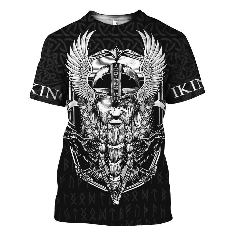 Summer Round Neck 3D Viking Tattoo Print Top Fashionable Casual Short Sleeved Men's T-shirts