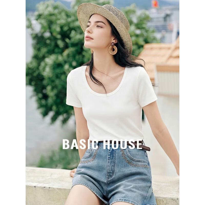 Basic House Women s Slim Fit U-Neck Short Sleeve T-Shirt L