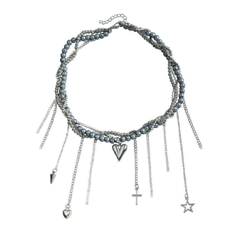 

Trendy Pearls layer Necklace With Edgy Heart Charm Stainless Steel Chain Clavicle Chain For Everyday Fashion Wear 1