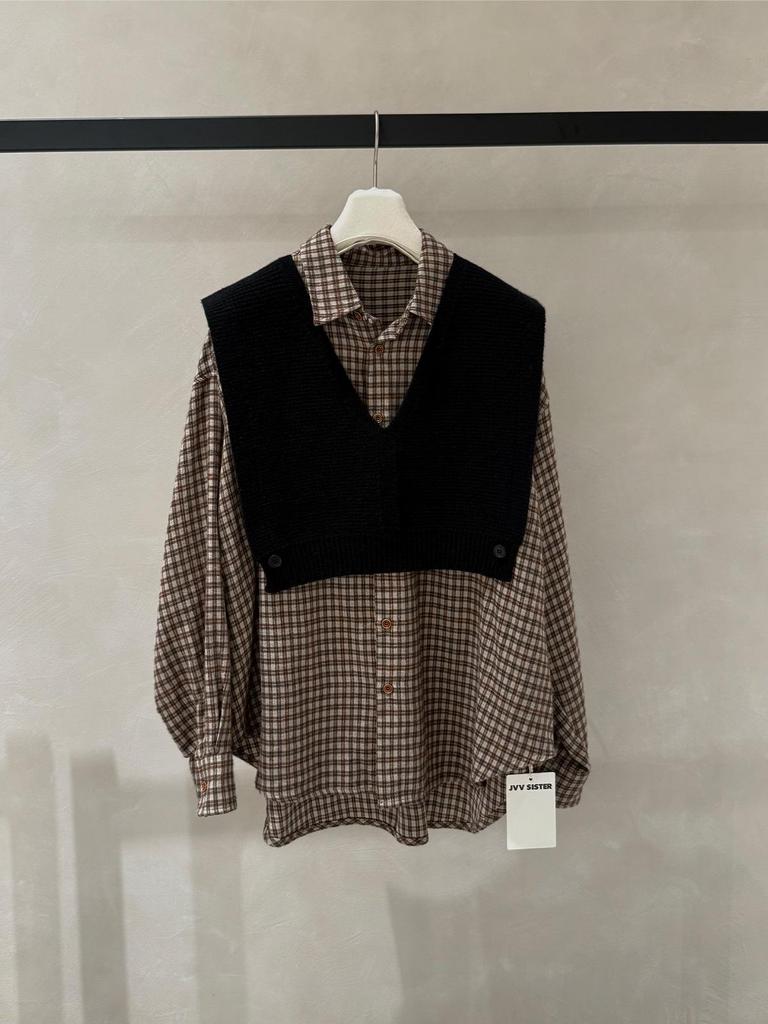 Women's Knitted Vest with Plaid Long-Sleeve Shirt - No Returns/Exchanges