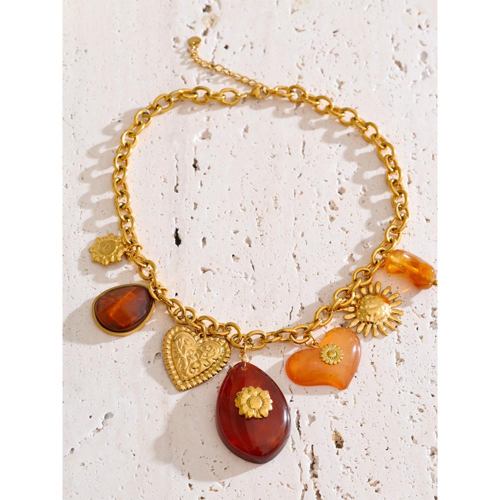 Eetit Red Resin Oval Heart Sun Drop Necklace Golden 316L Stainless Steel Summer Charm Collar Jewelry Waterproof 2025