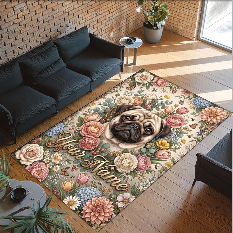 Pug Theme Crystal Velvet Floor Rug Personalized Custom Name Text Warm Carpet Home Decoration