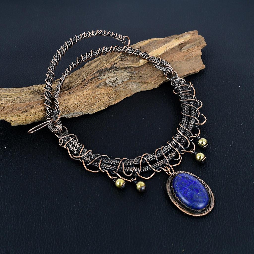 Lapis Lazuli Necklace Handmade Jewelry, 999 Copper Wire Wrapped Necklace Designer Gemstone Jewelry Adjustable Chain Necklace Gift For Mom