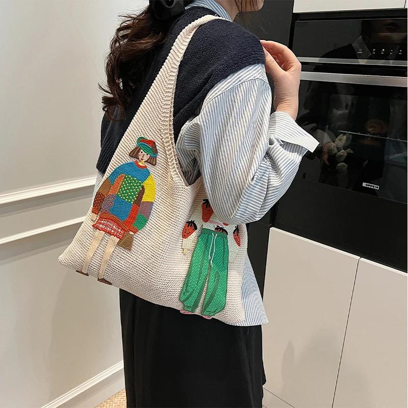 Cartoon Girl Pattern Knit Shoulder Bag,Hollow Mesh Lightweight Laid-Back Women Handbag,Summer Beach Vacation Chic Shopping Bag