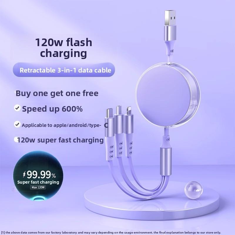 Universal 120w Fast Charging 3in1 Data Cable For Apple Android Huawei With Tpe Material
