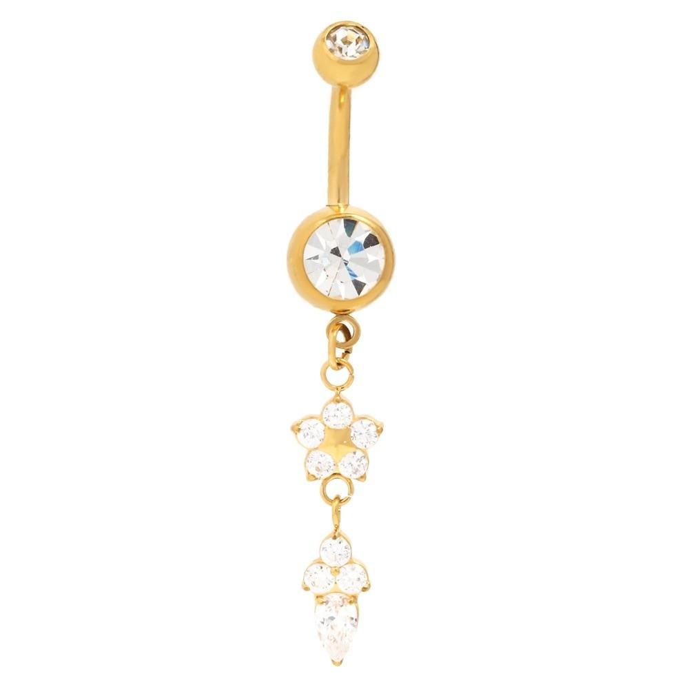 Alloy Rhinestone Piercing Belly Dual Color Shiny Leaf Navel Jewelry Exquisite Dangled Design Flower Rhinestone Belly Ring Beach