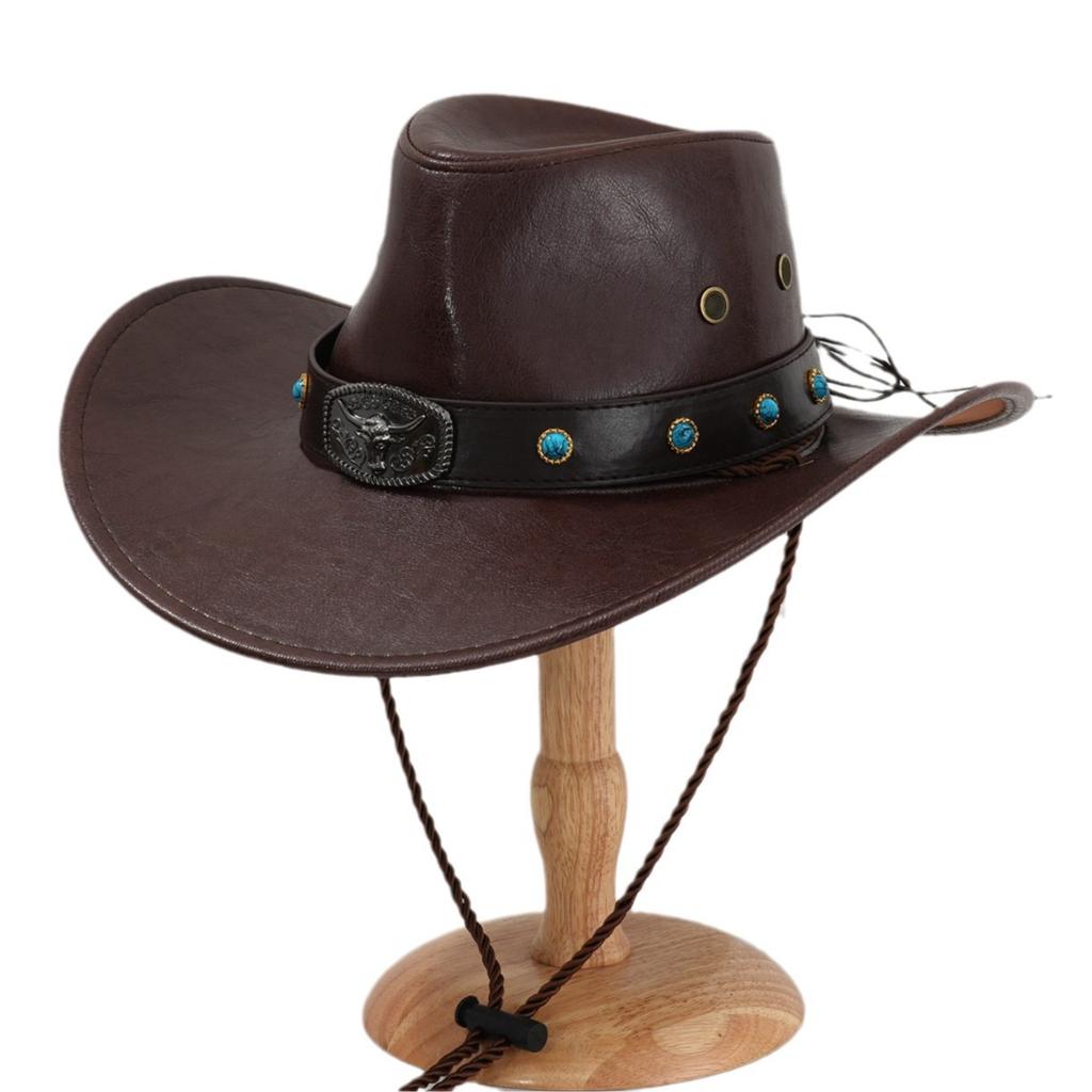 Men's and Women's Fashion PU Leather Cowboy Hat Party Top Hat Metal Engraved Bull's Head with Sapphire Point Diamond Rodeo
