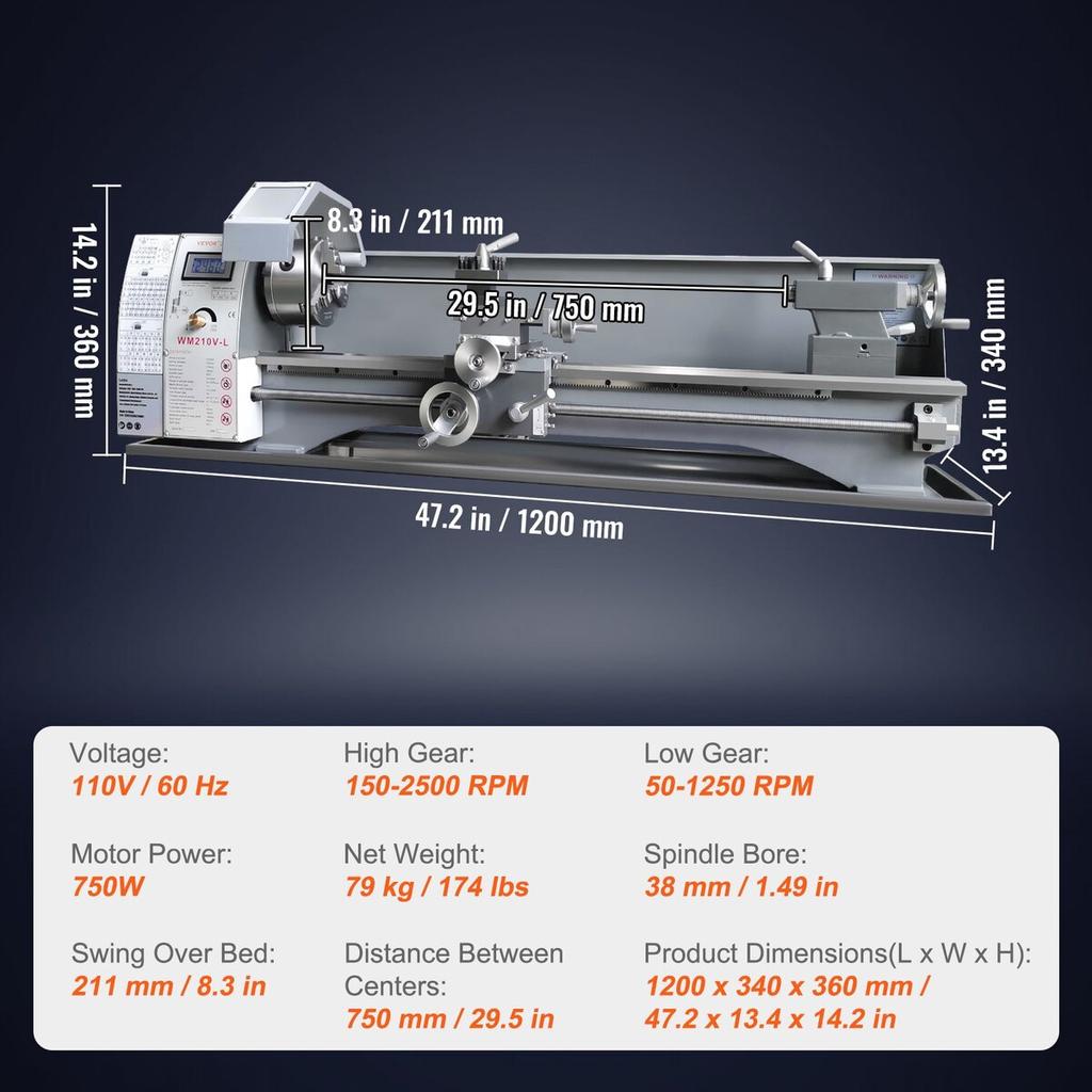 Metal Lathe Machine, 8.3'' x 29.5'', Precision benchtop power metal lathe, 0-2500 RPM Continuously Variable Speed, 750W Brushless Motor Metal Gears,