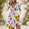 Women Floral Printed Criss Cross V Neck Long Sleeve Curved Hem Dress