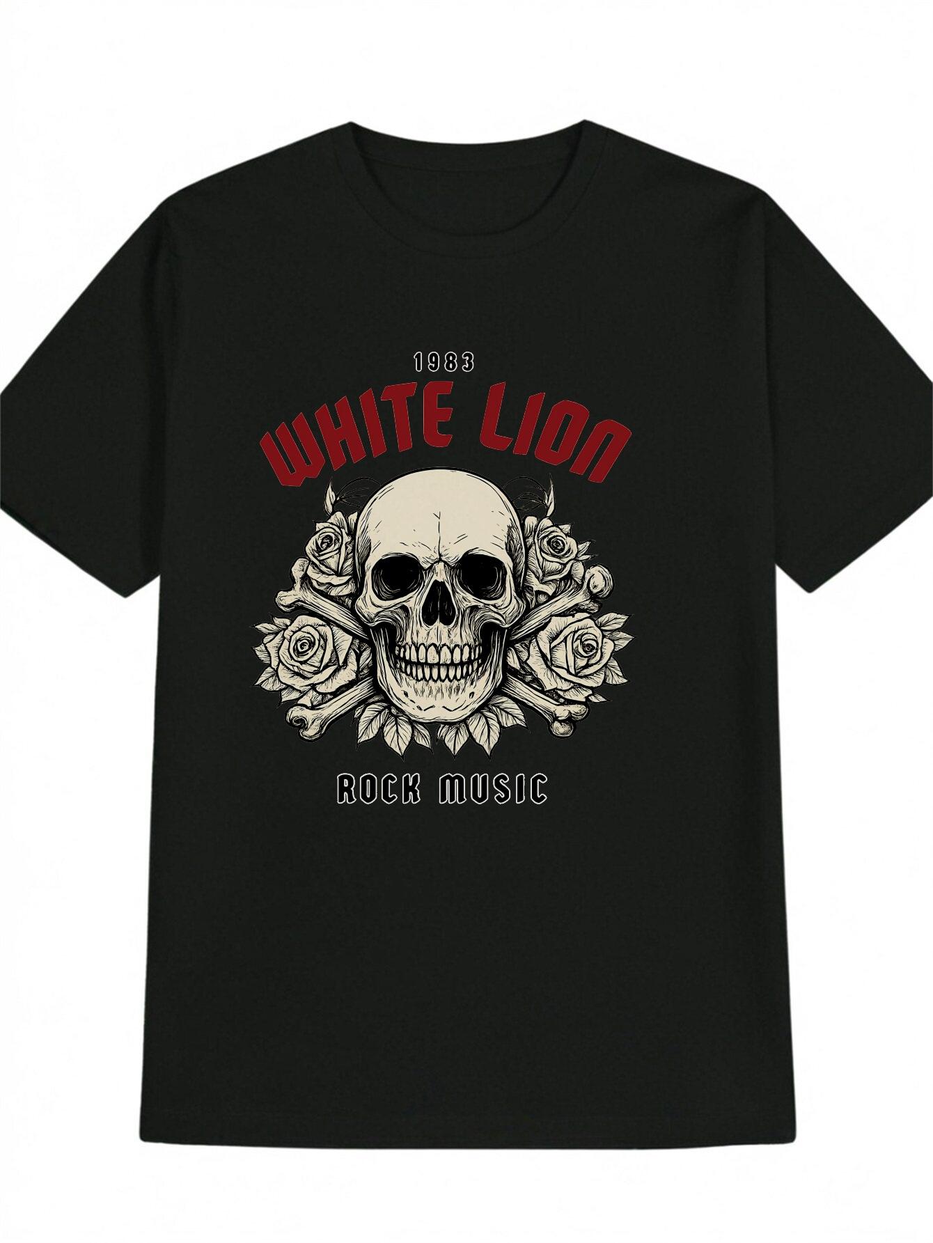 Casual Skull Rose Graphic T-shirt - White Lion Rock Music Design S