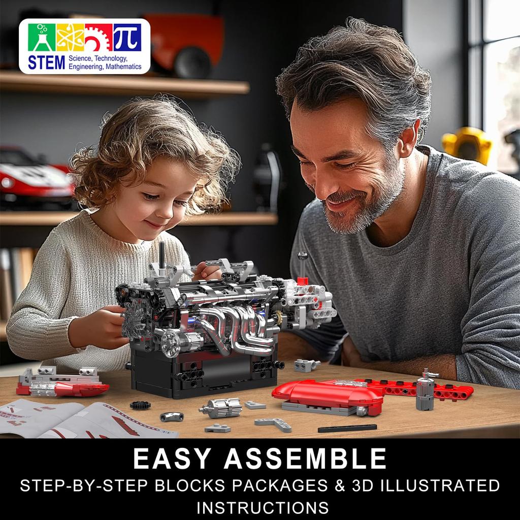Mould King 10226 V12 Engine Building Blocks, 863 Pieces, Working Car Engine Model, STEM Educational DIY Engineering Kit, Gift for Adults and Kids