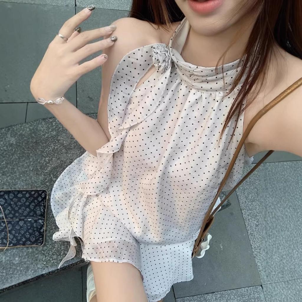 Three-dimensional Flower Neck Dress Women's Summer French Slim Polka Dot Skirt Sweet Waist and Thin a Word Short Skirt