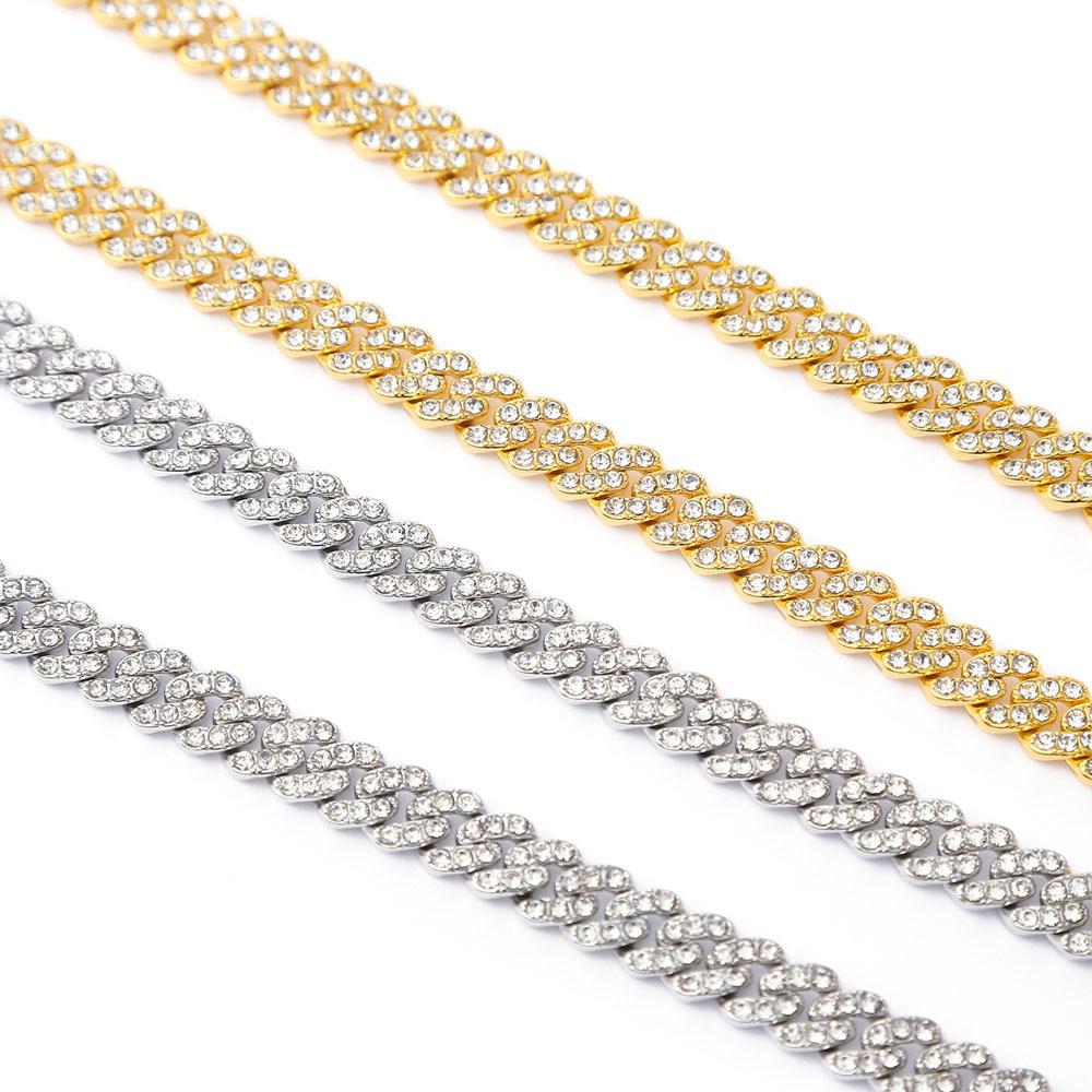 Hip Hop Men Women 9MM Prong Cuban Link Chain Necklace Bling Iced Out 2 Row Rhinestone Paved Miami Rhombus Cuban Necklace Jewelry