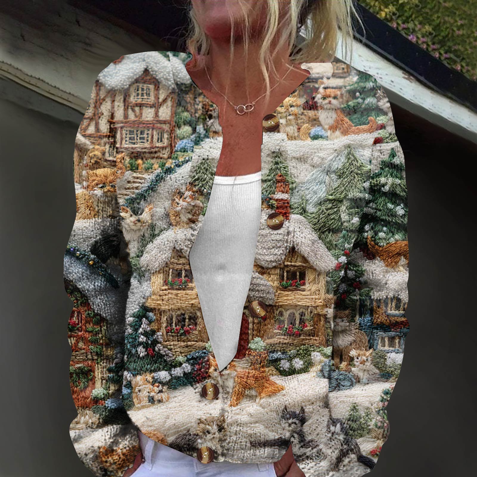 

Женская модная принтованная куртка с длинным рукавом и вязанным кардиганом на пуговицах XXXXXL зелёный