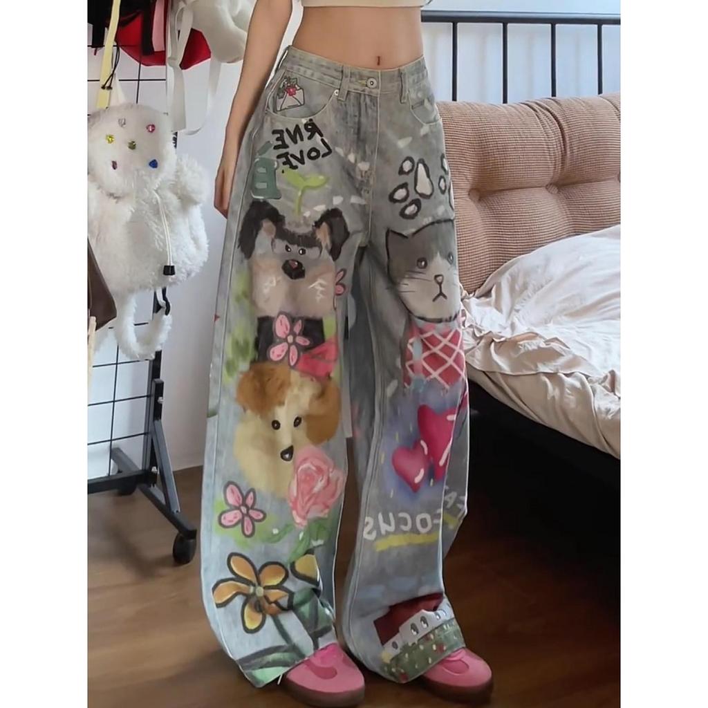 Plus Size Retro Graffiti Cat & Dog Wide-Leg Jeans for Men & Women