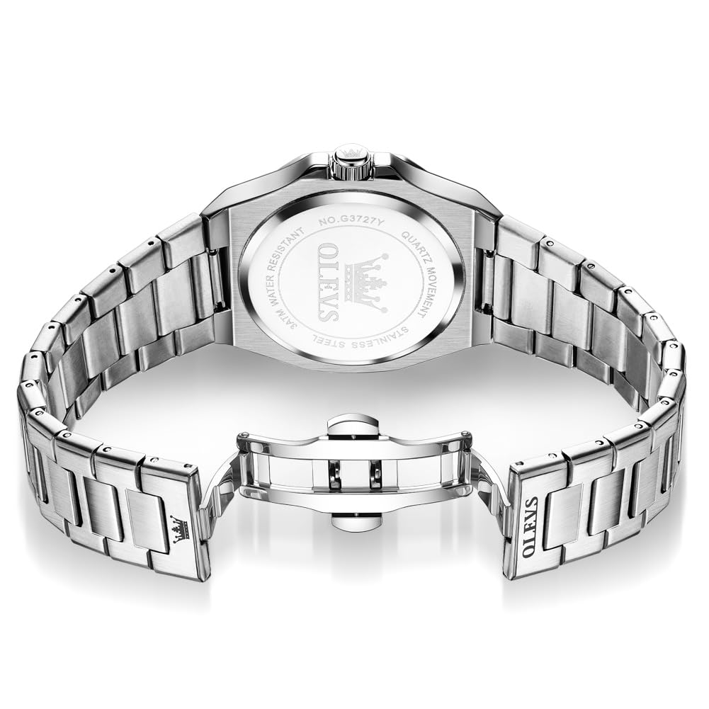OLEVS Stylish Square Men's Business Watch Waterproof Luminous Quartz Date White Stainless Steel